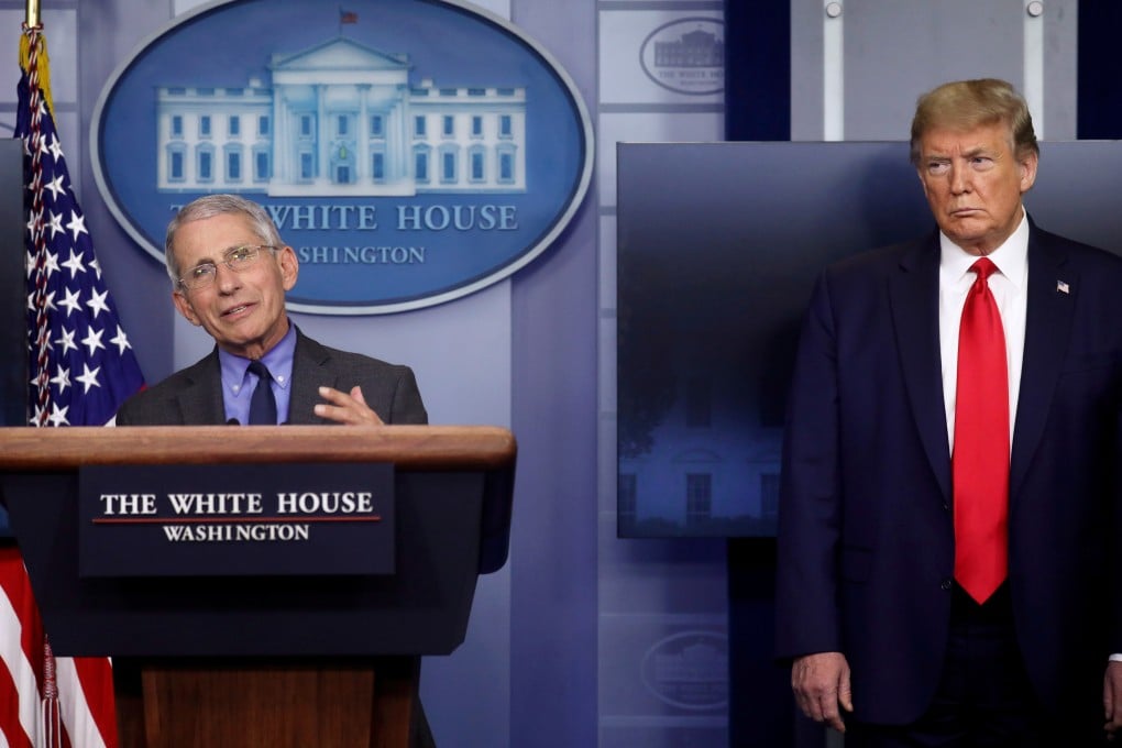 National Institute of Allergy and Infectious Diseases director Dr Anthony Fauci speaks as US President Donald Trump listens during a coronavirus task force briefing at the White House. Photo: Reuters