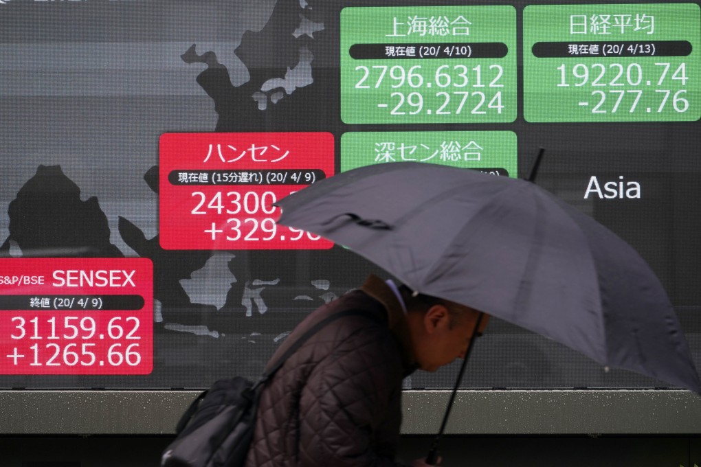 A man walks in the rain past an electronic stock board showing Japan's Nikkei 225 and other Asian countries' stocks at a securities firm in Tokyo on April 13, 2020. Photo: Associated Press