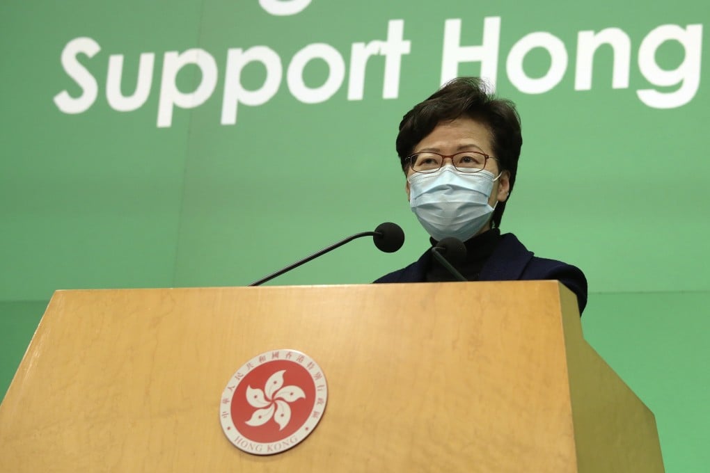 Chief Executive Carrie Lam at a press conference in Hong Kong on April 14. Photo: Xinhua