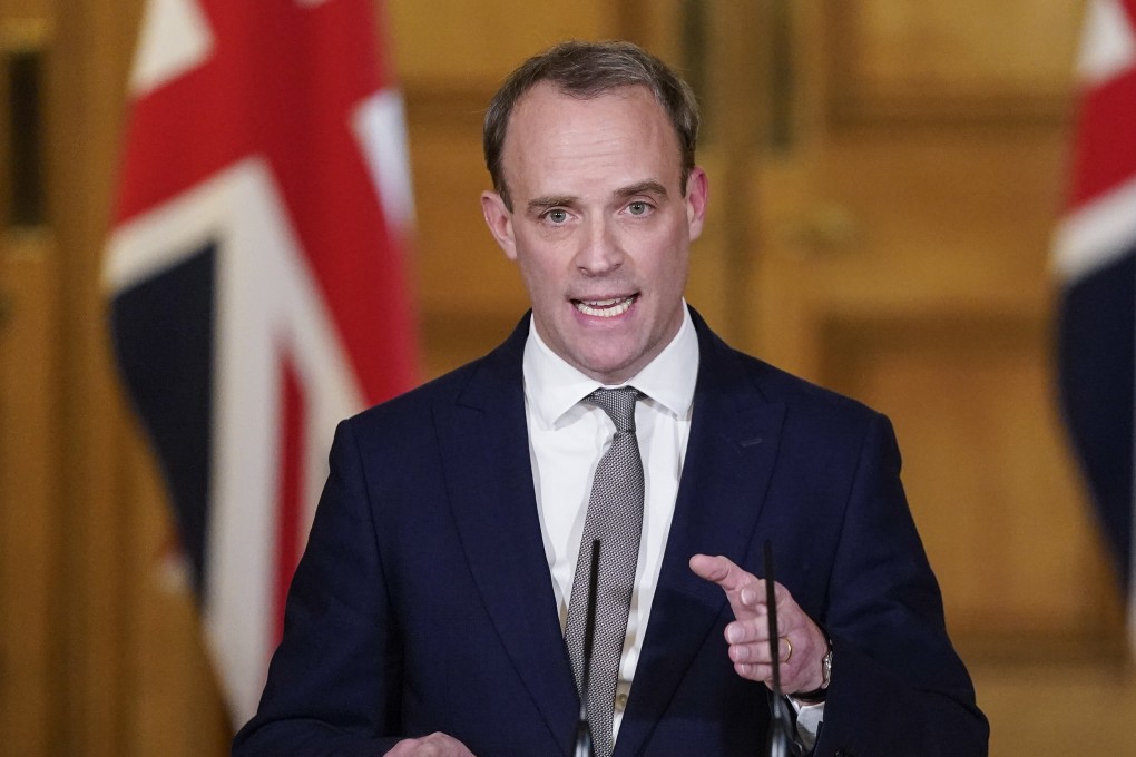 British Foreign Secretary Dominic Raab holds a press conference on coronavirus updates in London on Thursday. Photo: Andrew Parsons/10 Downing St via dpa