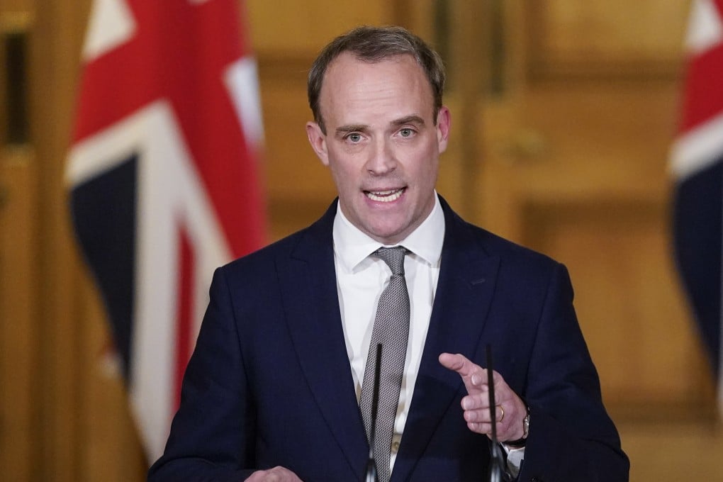 British Foreign Secretary Dominic Raab holds a press conference on coronavirus updates in London on Thursday. Photo: Andrew Parsons/10 Downing St via dpa