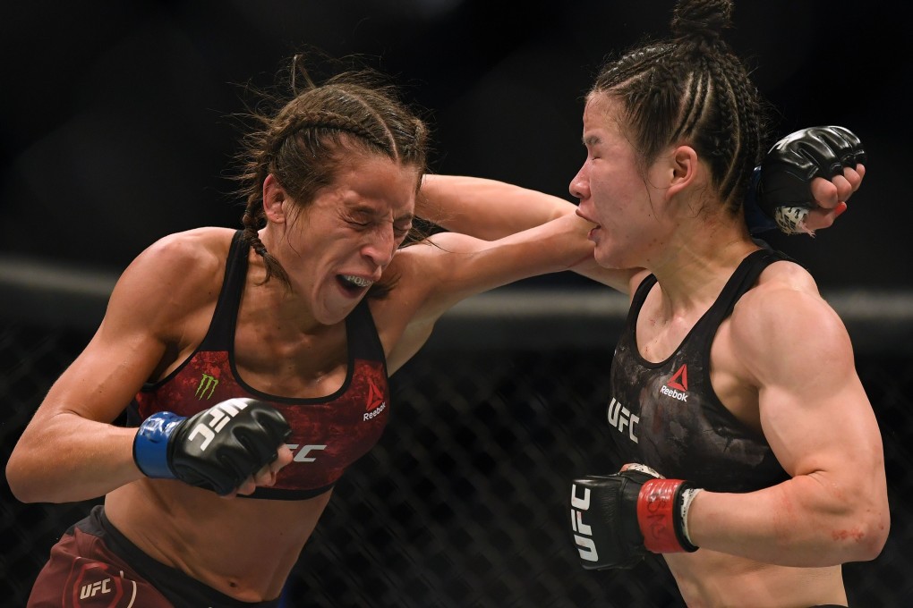 Zhang Weili trades blows with Joanna Jedrzejczyk at UFC 248 in Las Vegas. Photo: AFP