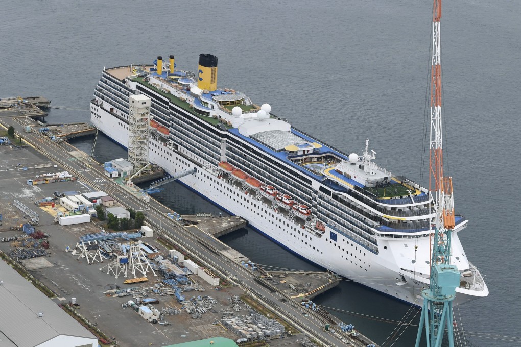 An aerial view of the Costa Atlantica cruise ship anchored at a port in Nagasaki, southwestern Japan on Tuesday. Photo: Kyodo