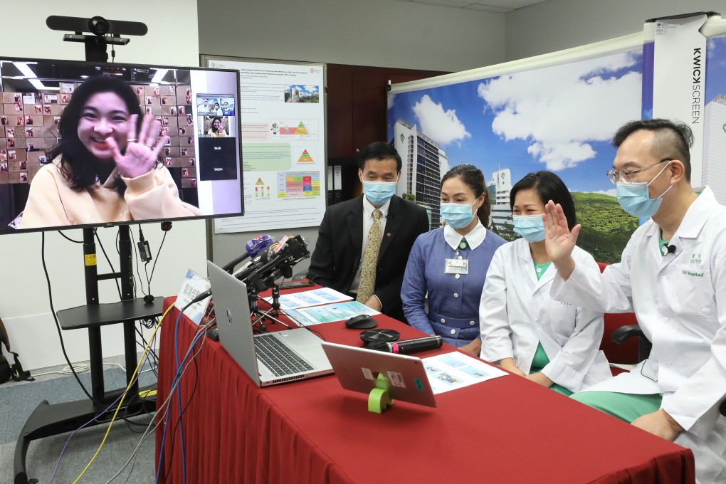 A patient (on the screen) attends a press conference at Tseung Kwan O Hospital on April 3 on a new long-distance medical consultation service. Photo: Dickson Lee
