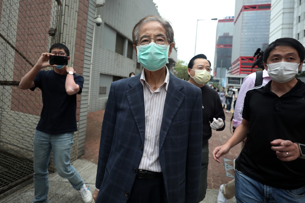 Former lawmaker and Hong Kong’s most senior barrister Martin Lee Chu-ming (centre) leaves Central Police Station on April 18. Lee was among at least 15 veterans and supporters of the opposition camp arrested on the day for their role in unlawful protests. Photo: Xiaomei Chen