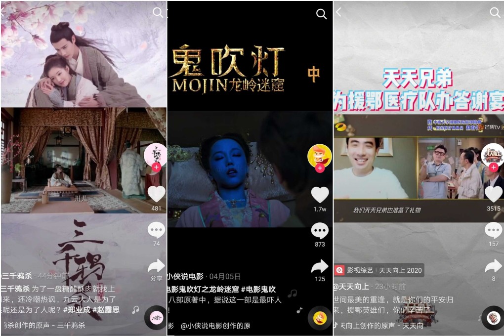Screenshots from Douyin posts about (from left to right) Love of Thousand Years, Mojin: The Dragon Ridge and Day Day Up, which are popular searches among users according to a Maoyan Entertainment ranking.