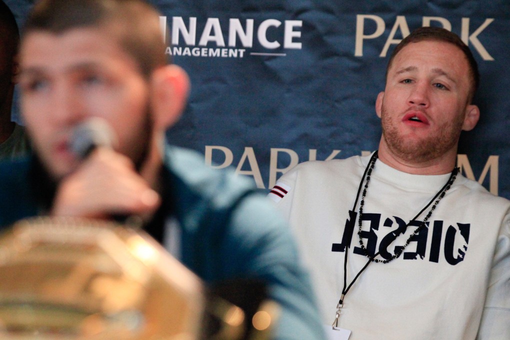 Justin Gaethe looks on as Khabib Nurmagomedov talks at a Dominance MMA media day in Las Vegas. Photo: Amy Kaplan