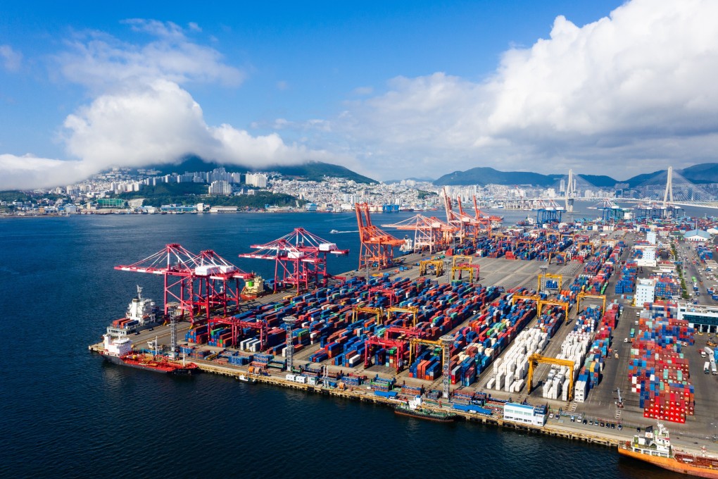 An aerial picture of shipping containers at Busan Port Terminal. Demand for logistics assets are bringing APG, CPPIB and ESR funds together again as pandemic changes spending and shopping habits in the region. Photo: Bloomberg