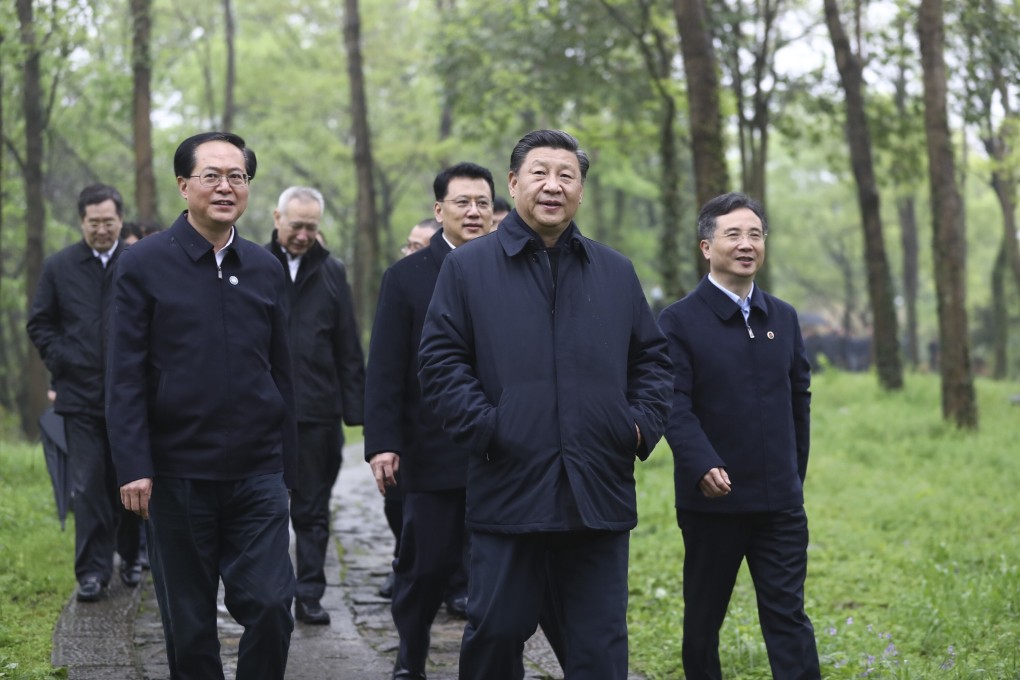 Chinese President Xi Jinping (centre) visits the Xixi National Wetland Park in Zhejiang province on March 31. China is plotting post-crisis strategy like a chess game while the US lacks a game plan. Photo: AP