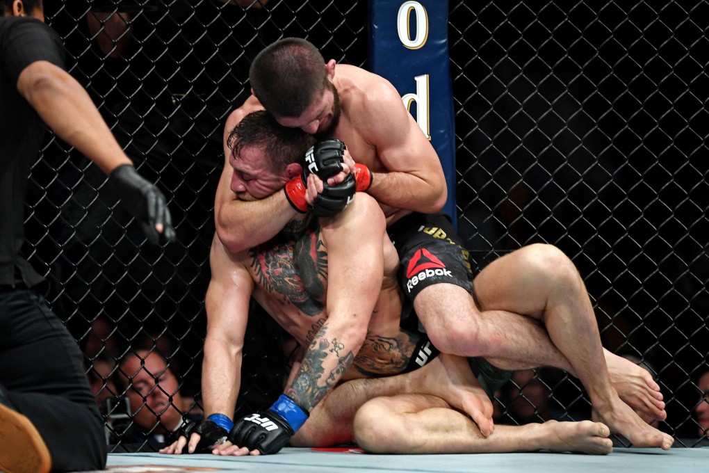 Khabib Nurmagomedov (top) gets Conor McGregor in a rear-naked choke during UFC 229 at T-Mobile Arena in 2018. Photo: USA Today