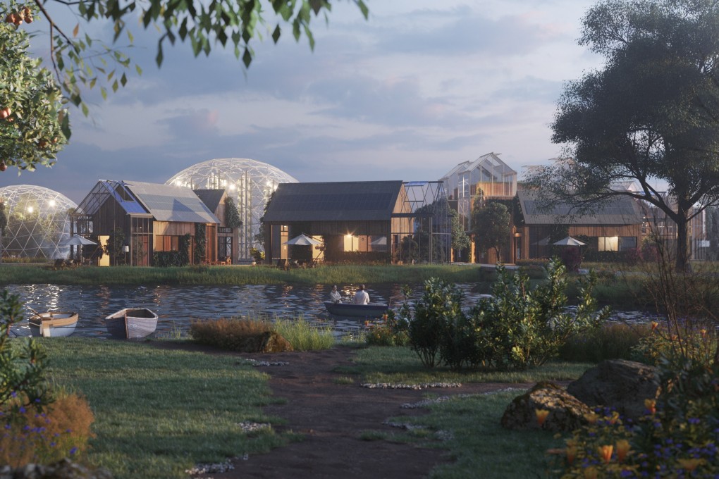 An artist’s impreesion of a ReGen Village, a sustainable neighbourhood where families produce their own food, generate their own power and contribute community labour. Image: ReGen Villages Holding