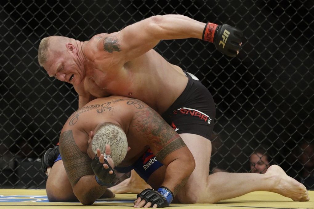 Brock Lesnar fights Mark Hunt during their heavyweight bout at UFC 200 in Las Vegas. Photo: AP