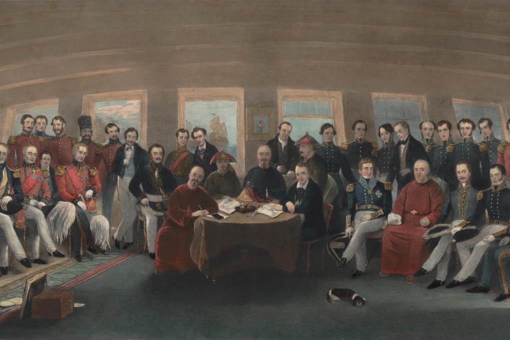 An 1846 painting by John Platt captures the signing and sealing of the Treaty of Nanking, which ended the First Opium War, aboard the HMS Cornwallis on August 29, 1842. The men seated at the table include Chinese negotiator Aisin-Gioro Ch'i-ying (second left) and British plenipotentiary Sir Henry Pottinger (right).
