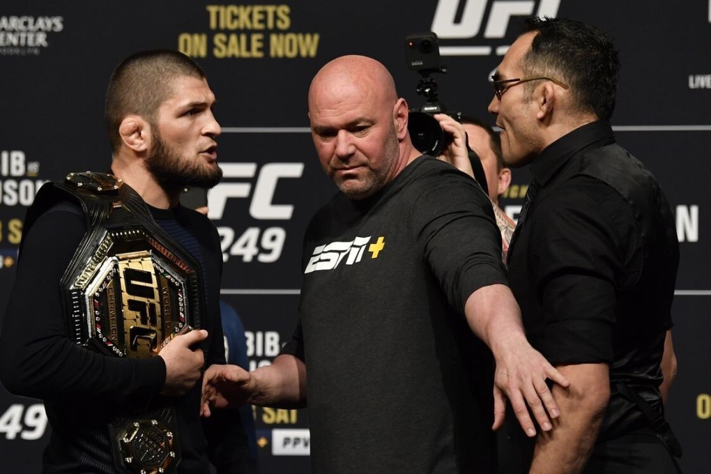 Dana White separates Khabib Nurmagomedov (left) and Tony Ferguson during the UFC 249 press conference. Photo: Jeff Bottari/Zuffa LLC