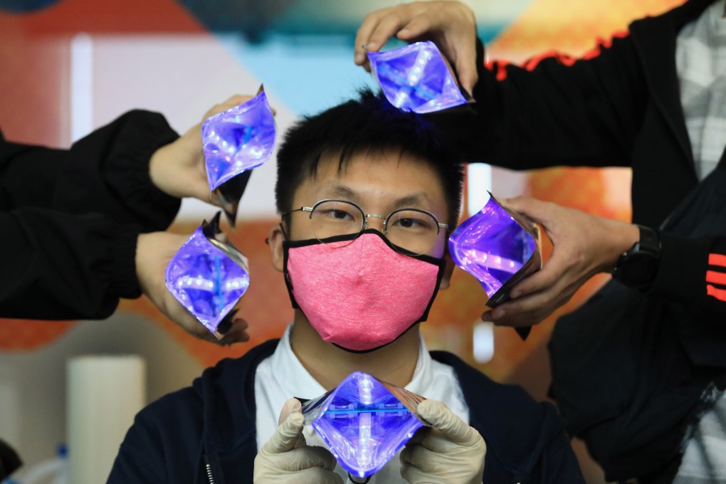 Hong Kong inventor Stark Chan Yik-hei’s reusable mask with photo catalyst coating, an alternative method of surface disinfection, is among innovations sparked by the Covid-19 pandemic. Photo: May Tse