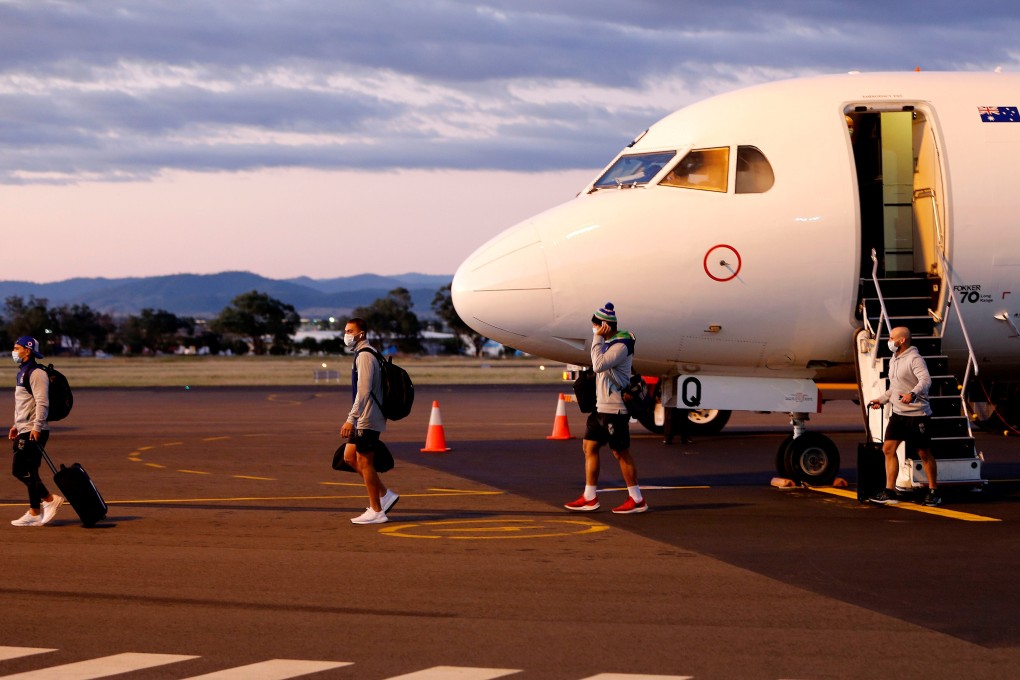 The New Zealand Warriors rugby league team, which received special permission to travel to Australia and self-isolate before taking part in a tournament later in May, arrive in Tamworth. This could pave the way for a trans-Tasman travel bubble. Photo: Reuters