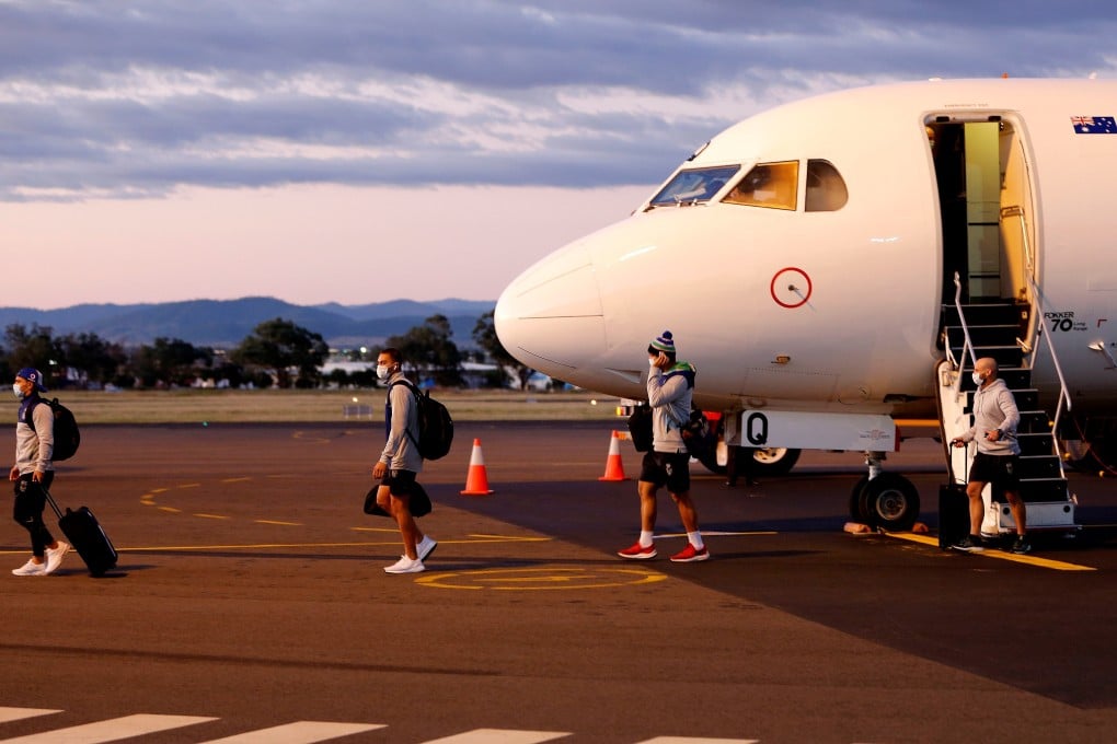 The New Zealand Warriors rugby league team, which received special permission to travel to Australia and self-isolate before taking part in a tournament later in May, arrive in Tamworth. This could pave the way for a trans-Tasman travel bubble. Photo: Reuters