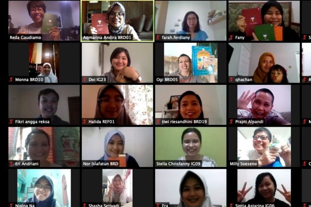 Online book clubs are gaining popularity during coronavirus lockdowns. This Baca Rasa Dengar book club Zoom event in Indonesia had 70 people attending. Photo: Pratiwi Juliani
