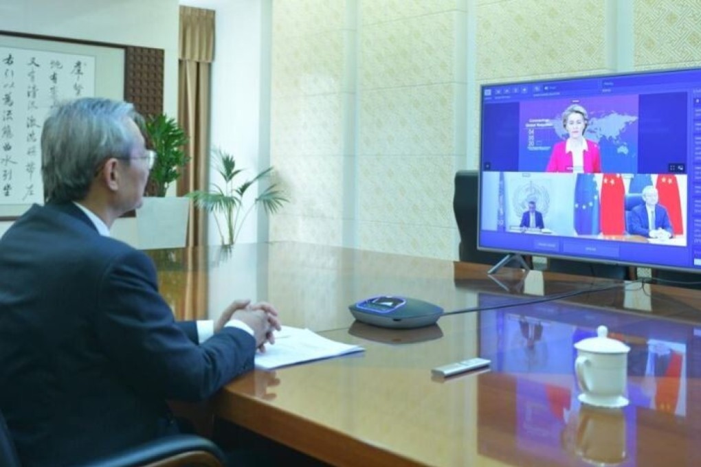 Chinese ambassador to the EU Zhang Ming participates in an EU coronavirus event on Monday with European Commission president Ursula von der Leyen visible at the top of the video screen. Image: Twitter