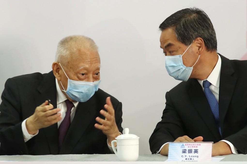 Tung Chee-hwa and Leung Chun-ying launched Hong Kong Coalition at its first press conference on Tuesday. Photo: Winson Wong
