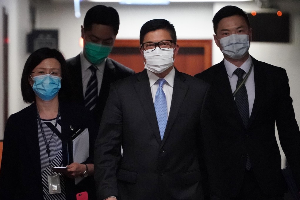 Police Commissioner Chris Tang (centre) at the Legislative Council Complex, Tamar, on Tuesday. Photo: Felix Wong