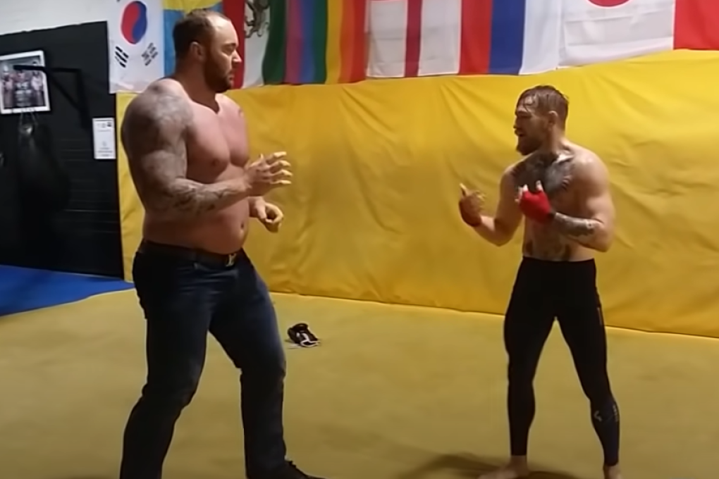 Game of Thrones actor and new world deadlift record-holder Hafthor Bjornsson and former UFC double champion Conor McGregor bare-knuckle sparring in 2015. Photo: YouTube/The Mac Life
