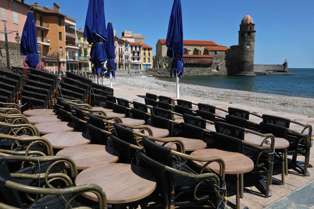 The terrace of a closed bar on a beach in Collioure, southern France. Photo: AFP