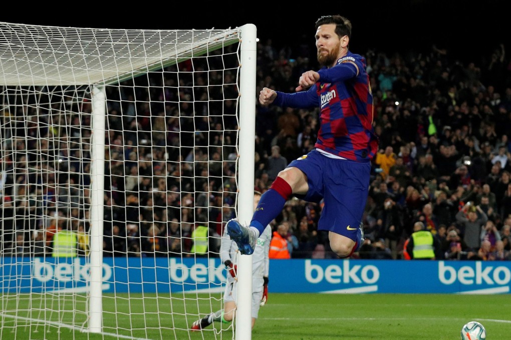 Barcelona's Lionel Messi celebrates scoring at the Camp Nou. Photo: Reuters