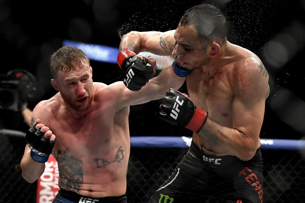 Tony Ferguson gets caught with a left hand by Justin Gaethje at UFC 249. Photo: AFP