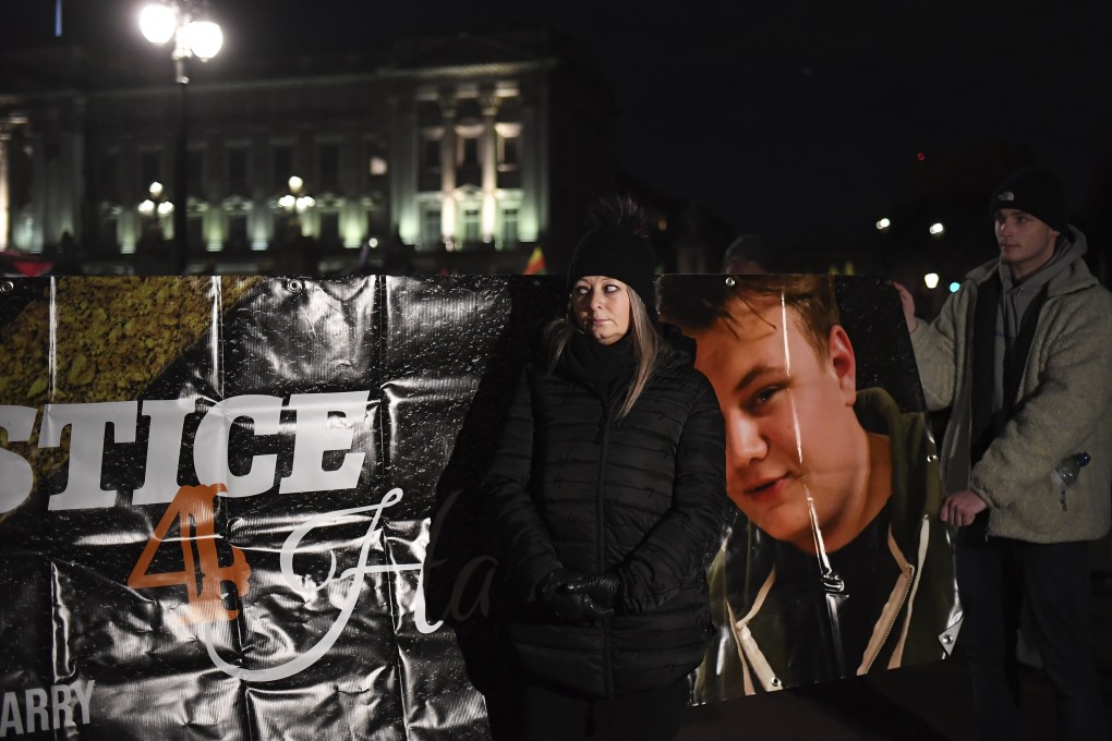 Charlotte Charles, mother of Harry Dunn, takes part in a demonstration in London during a visit by US President Donald Trump in December. Photo: AP