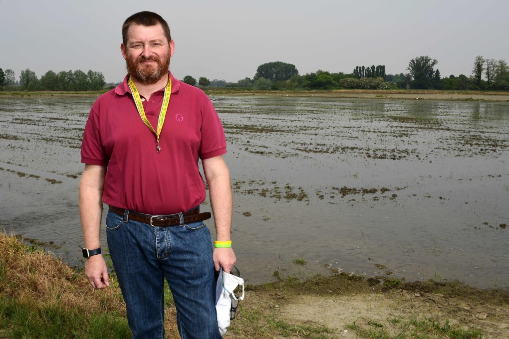 Italian farmer Stefano Greppi, Pavia province president at Italy’s main agricultural union Coldiretti, next to a rice plantation near Robbio, Lombardy. He says Italian rice is of better quality than that cultivated in China. Photo: AFP