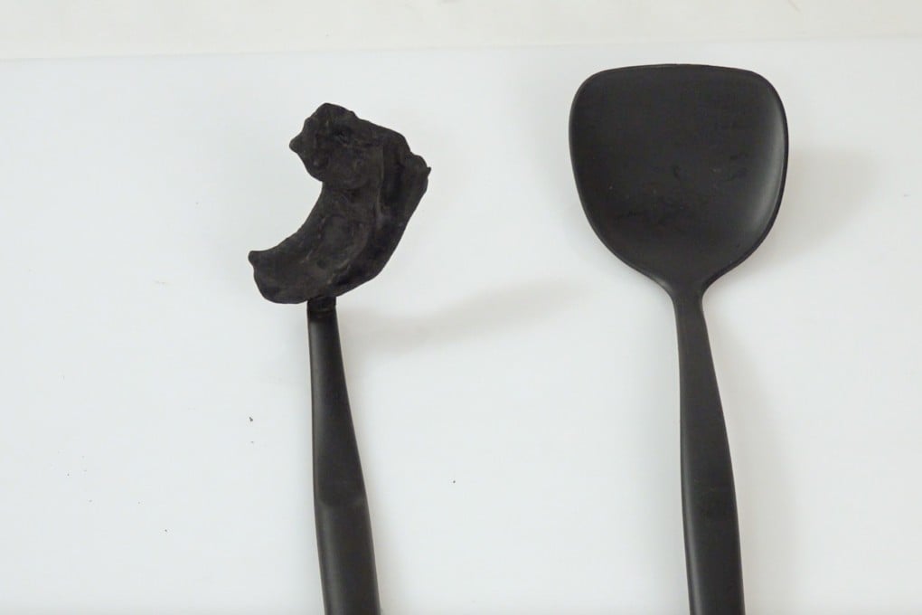 This plastic spatula was immersed in peanut oil at 200 degrees Celsius. Photo: Handout