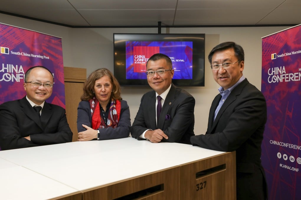 (From left) Post China news editor William Zheng is joined by panellists Alicia Garcia Herrero, chief economist for Asia-Pacific at Natixis; Professor Witman Hung, managing director of Qianhai International Liaison Services; and Michael Kwok, chair of Arup East Asia at the second day of the Post’s China Conference. Photo: Xiaomei Chen