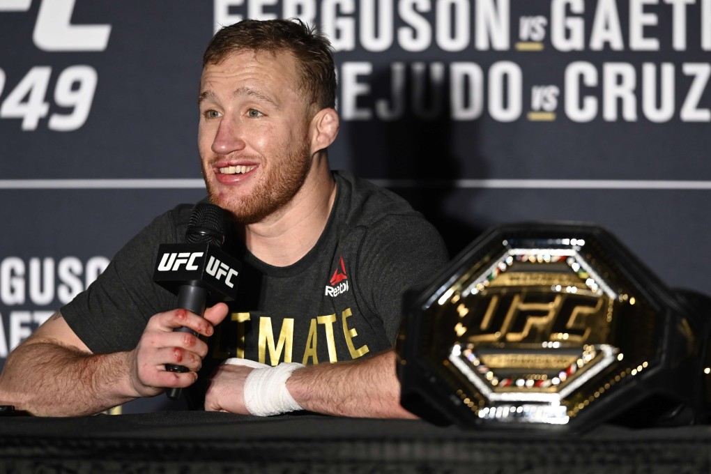 Justin Gaethje speaks to the media after his Interim lightweight title fight against Tony Ferguson at UFC 249. Photo: AFP