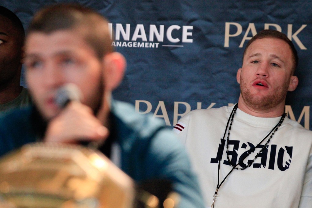 Justin Gaethje looks on as Khabib Nurmagomedov talks at a Dominance MMA media day in Las Vegas. Photo: Amy Kaplan