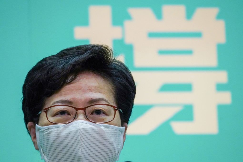 Chief Executive Carrie Lam wearing a CuMask+ meets the press at the government headquarters in Tamar on May 12. Photo: Sam Tsang