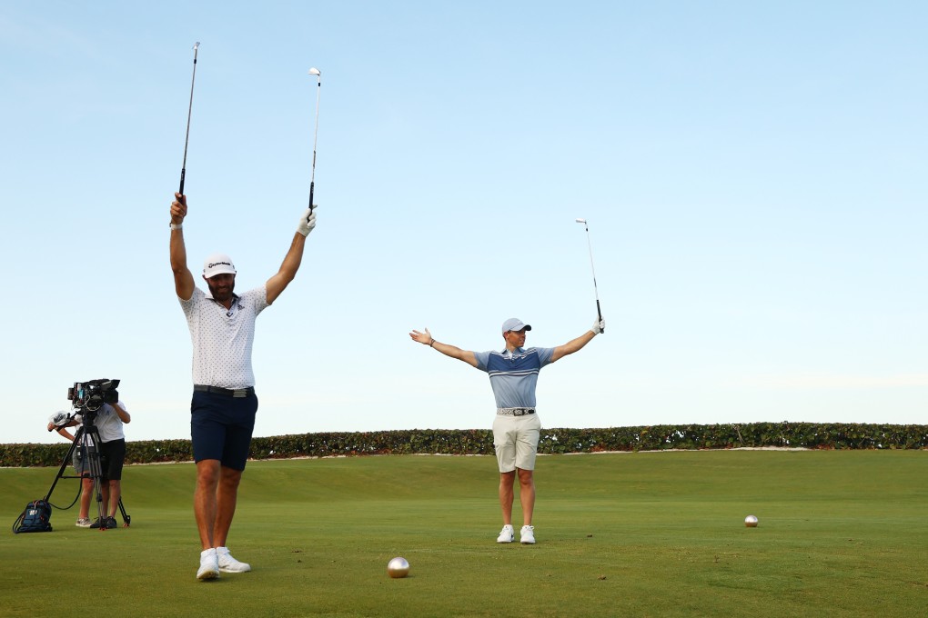 Rory McIlroy and Dustin Johnson celebrate winning the closest to the pin play-off against Rickie Fowler and Matthew Wolff. Photo: USA Today