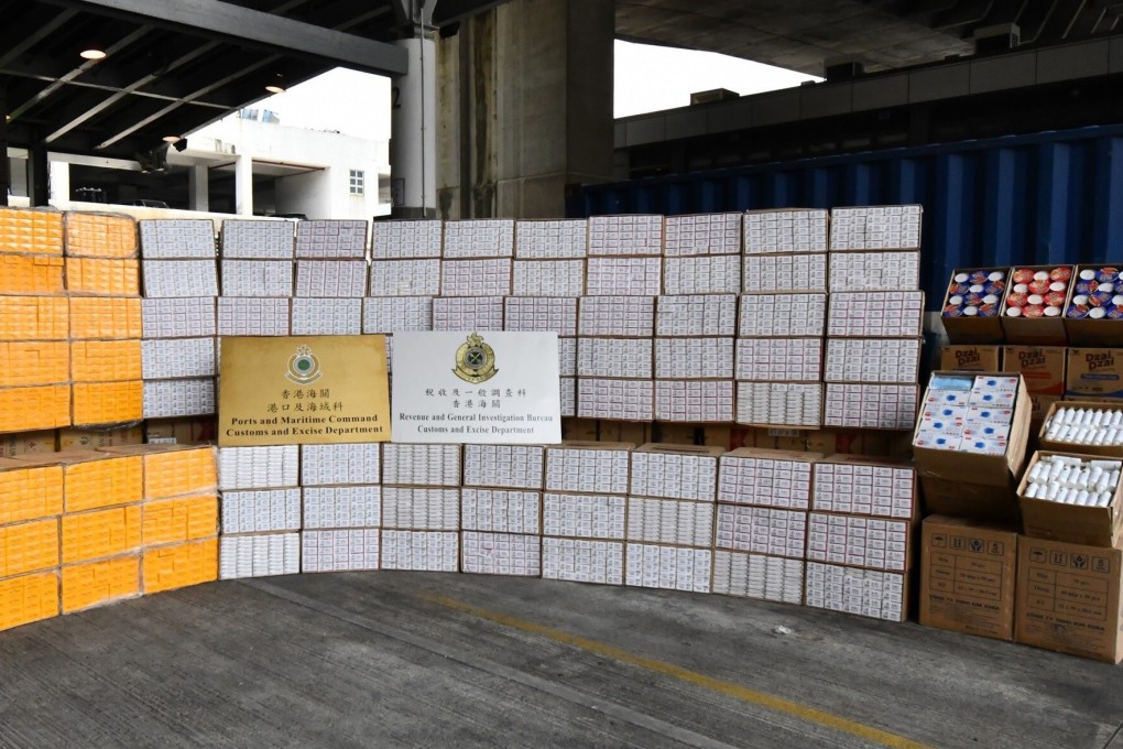 Hong Kong customs displays illegal cigarettes seized this year. Photo: Handout