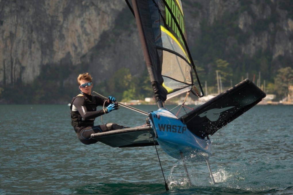 Nicolai Jacobsen is the youngest member of the Youth America’s Cup team but one of the most experienced foilers, where the hull is lifted out of the water to decrease drag. Photo: Hartas Productions