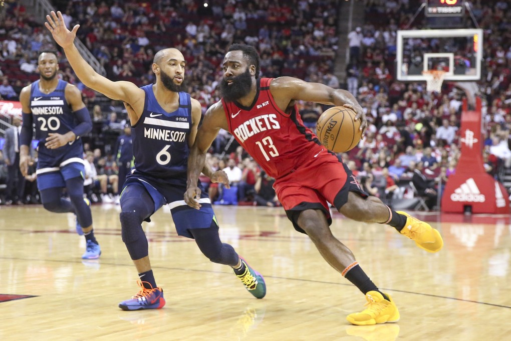 Houston Rockets guard James Harden drives to the basket against Minnesota Timberwolves guard Jordan McLaughlin in the team’s last NBA game on March 10. Photo: USA Today Sports