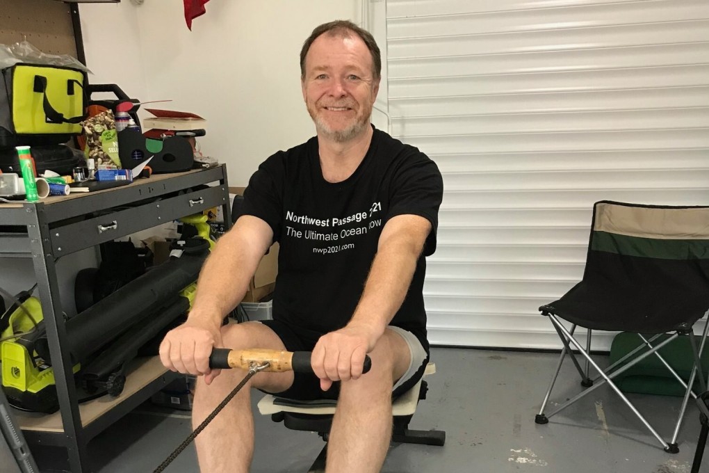 Phil Kite rows in his garage for 14 days straight to complete the full distance of the Northwest Passage. Photo: Handout