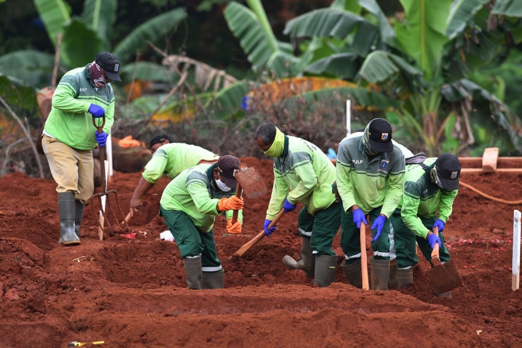 Gravediggers bury a Covid-19 victim at Pondok Ranggon cemetery in Jakarta. Photo: AFP