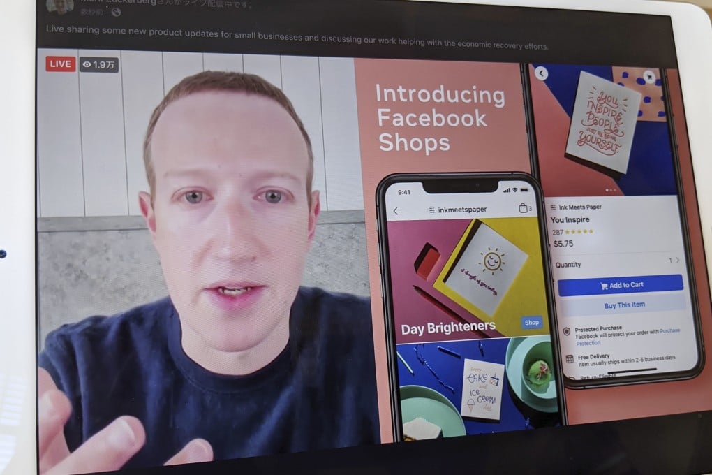 A screen shows Facebook CEO Mark Zuckerberg announcing on May 19, 2020, Facebook Shops, a new e-commerce service that allows businesses to list their products on Facebook and Instagram free of charge. Photo: Kyodo