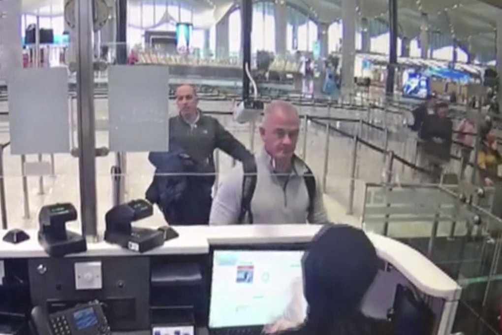 Security footage shows Michael Taylor (centre) and George-Antoine Zayek, both wanted by Japan, at passport control at Istanbul Airport in Turkey in December. Photo: DHA via AP