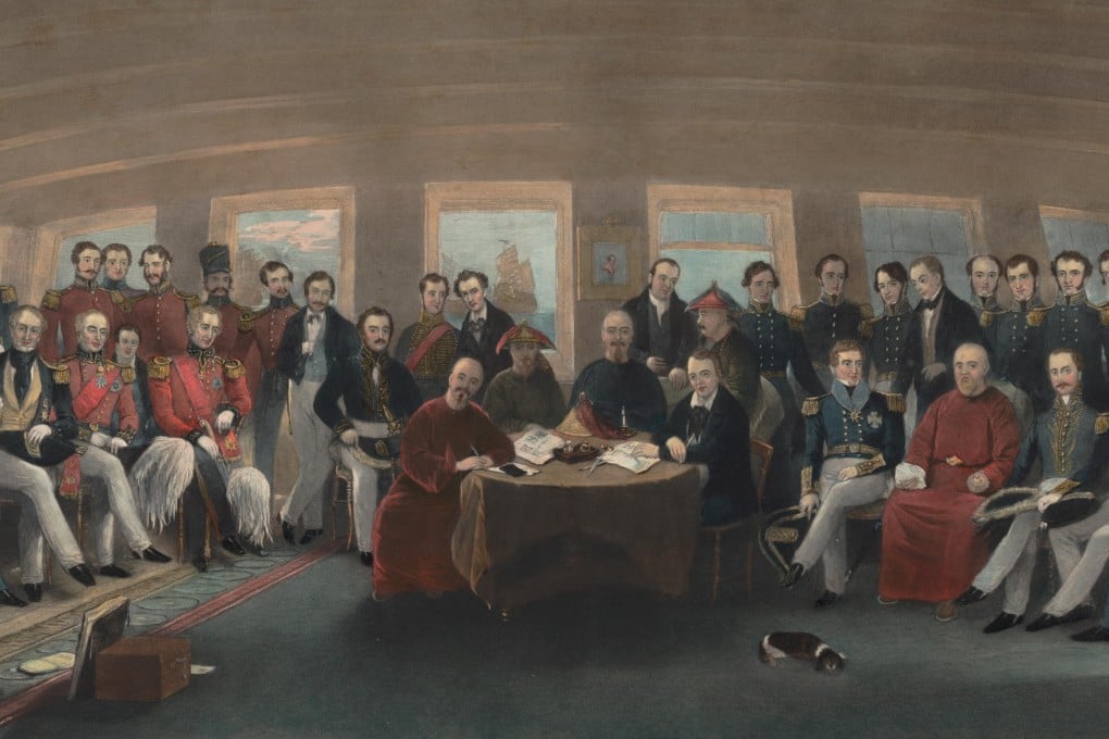 An 1846 painting by John Platt captures the signing and sealing of the Treaty of Nanking, which ended the First Opium War, aboard the HMS Cornwallis on August 29, 1842. The men seated at the table include Chinese negotiator Aisin-Gioro Ch'i-ying (second left) and British plenipotentiary Sir Henry Pottinger (right).
