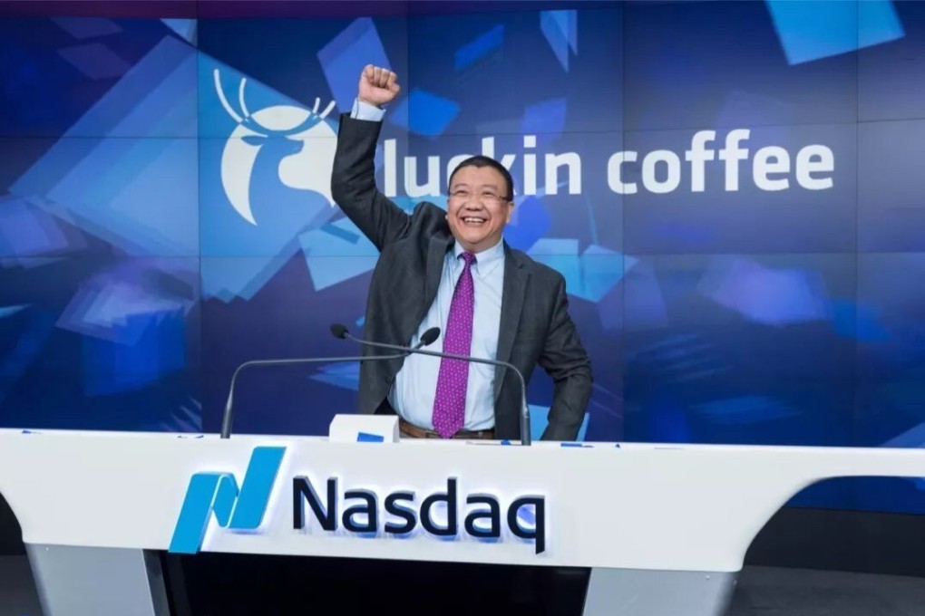 Lu Zhengyao at Nasdaq soon after its US stock debut. Much of his family wealth has evaporated following the accounting scandal. Photo: finance.china.com.cn
