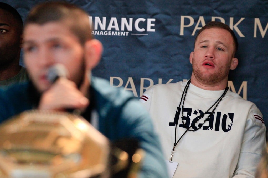 Justin Gaethe looks on as Khabib Nurmagomedov talks at a Dominance MMA media day in Las Vegas. Photo: Amy Kaplan