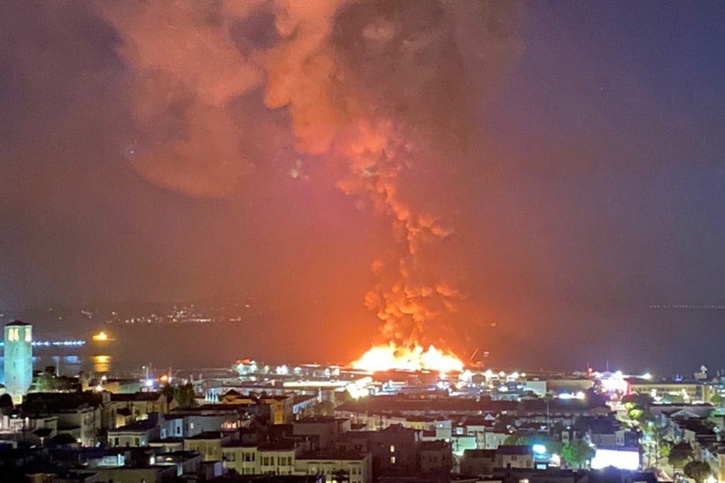 More than 100 San Francisco Firefighters battle a fire on Pier 45 on Fisherman's Wharf. Photo: EPA-EFE