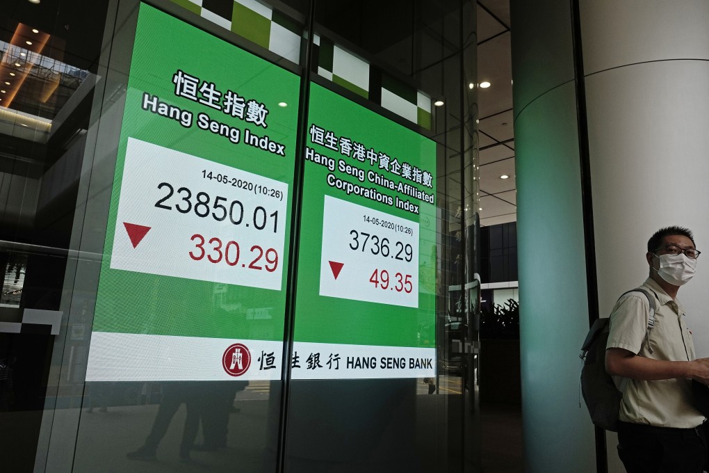 A man wearing face mask walks past a bank electronic board showing the Hong Kong share index. The city is gripped by political tensions following China’s move to introduce a tailor-made security law for Hong Kong. Photo: AP