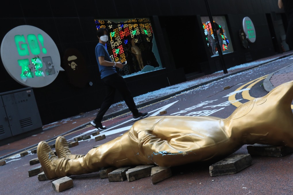 An outlet belonging to fashion retailer I.T in Causeway Bay is damaged on Sunday during a protest against the proposed national security law for Hong Kong. Photo: May Tse
